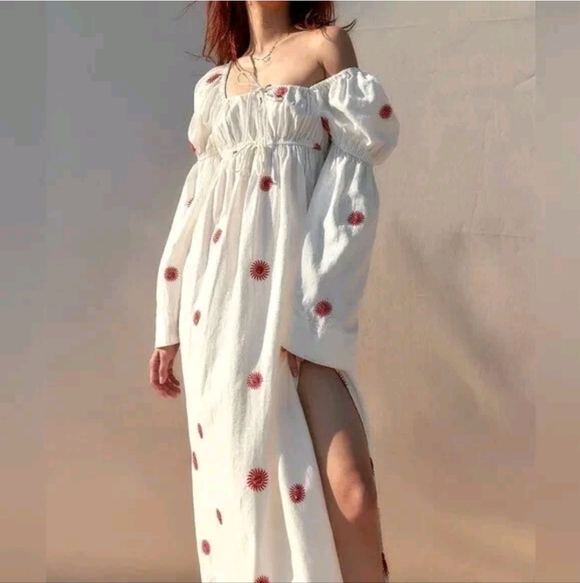 Free People Dresses & Skirts - Free People Midi Dress Ivory Red Emory Embroider Cotton Preppy Boho Small